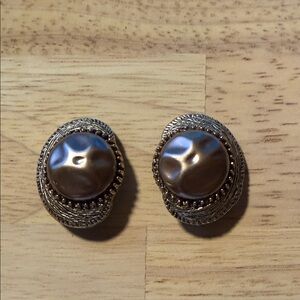 Vintage Circa 1980s Faux Mabe Beige Pearl Byzantine Style Clip Earrings